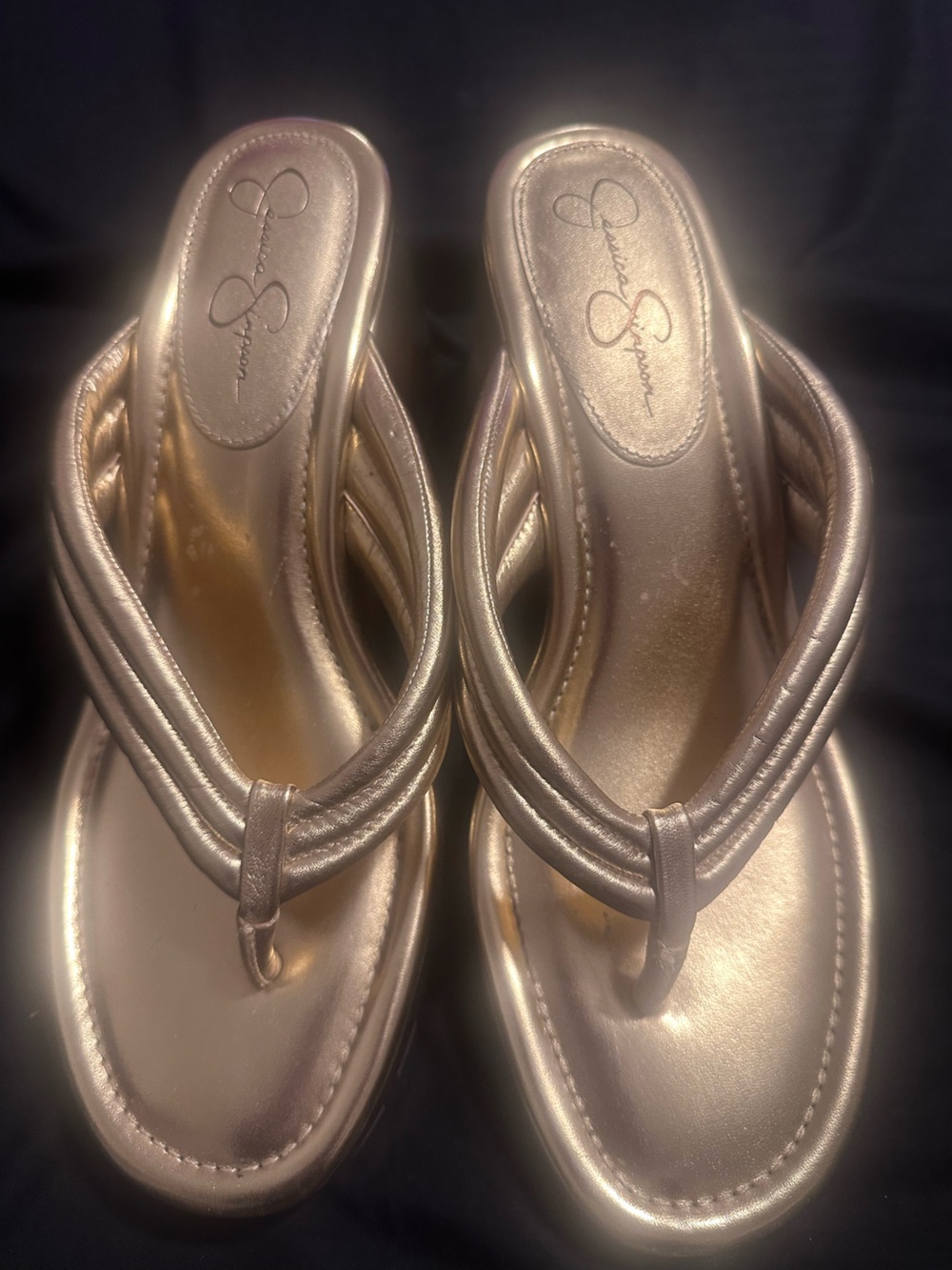 Jessica Simpson Metallic Gold Quilted Thong Sandal Wedges